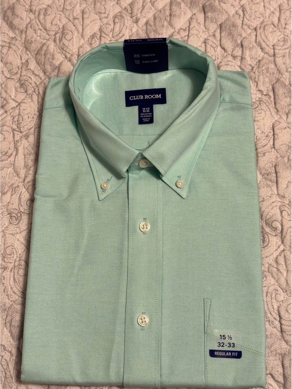 Club Room Men's Regular Fit Button-Down Dress Shirt, Size 15 1/2 32-33, Mint